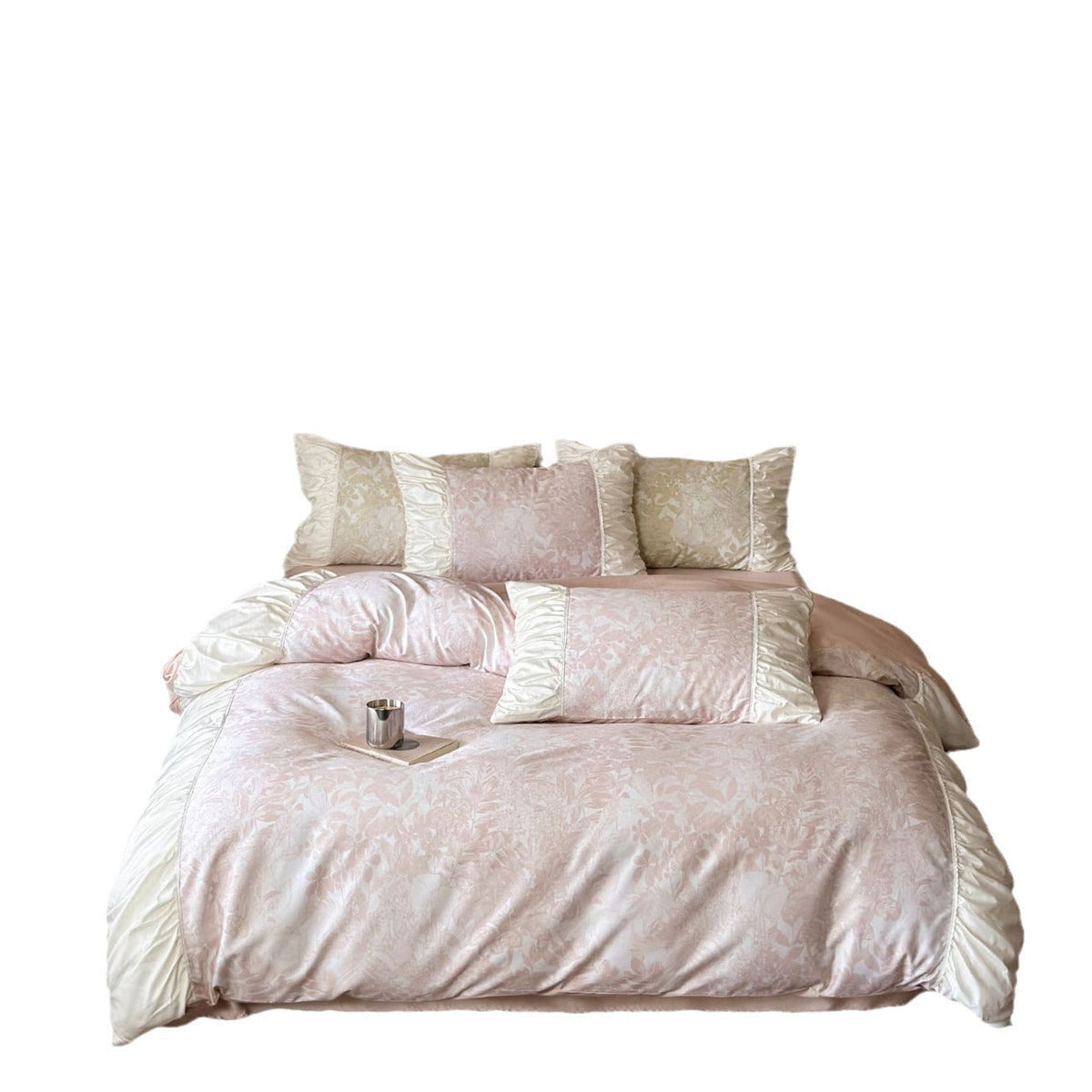 Luxurious satin bedding set with ruffles and floral jacquard LoungeYard — product view 5
