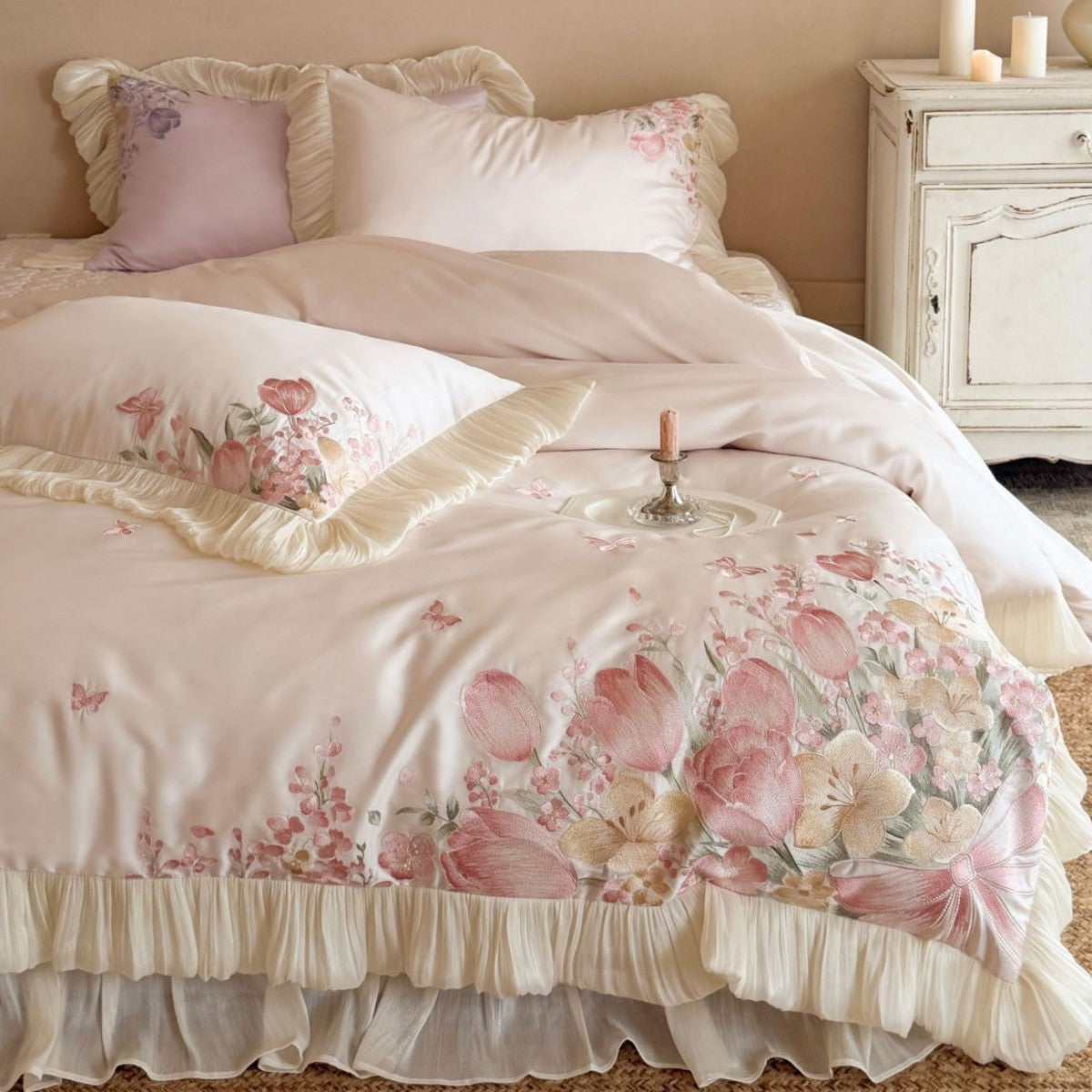 Luxurious embroidered satin bedding set with ruffles and floral details — product view 6