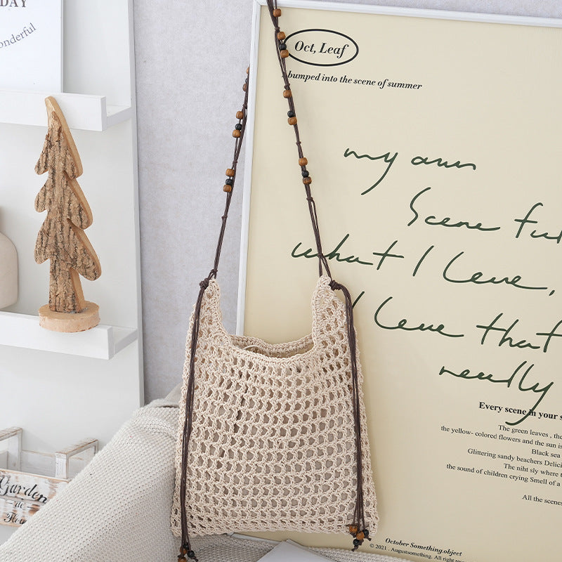 Handmade net tote bag with wooden accents LoungeYard — product view 6