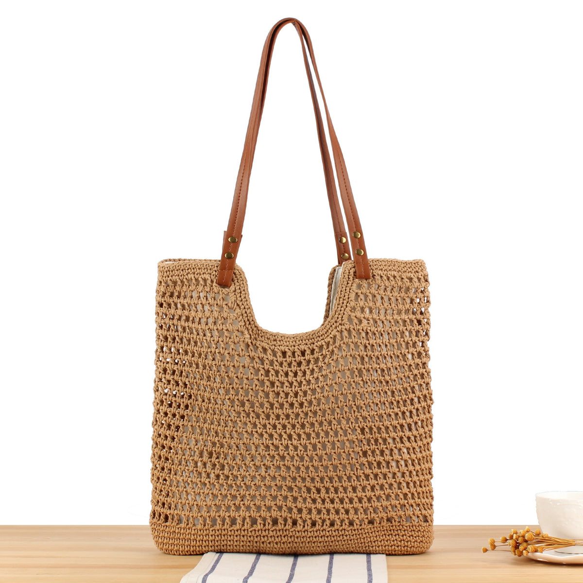 Hand-knotted shopping bag with sturdy leather handles LoungeYard — product view 7