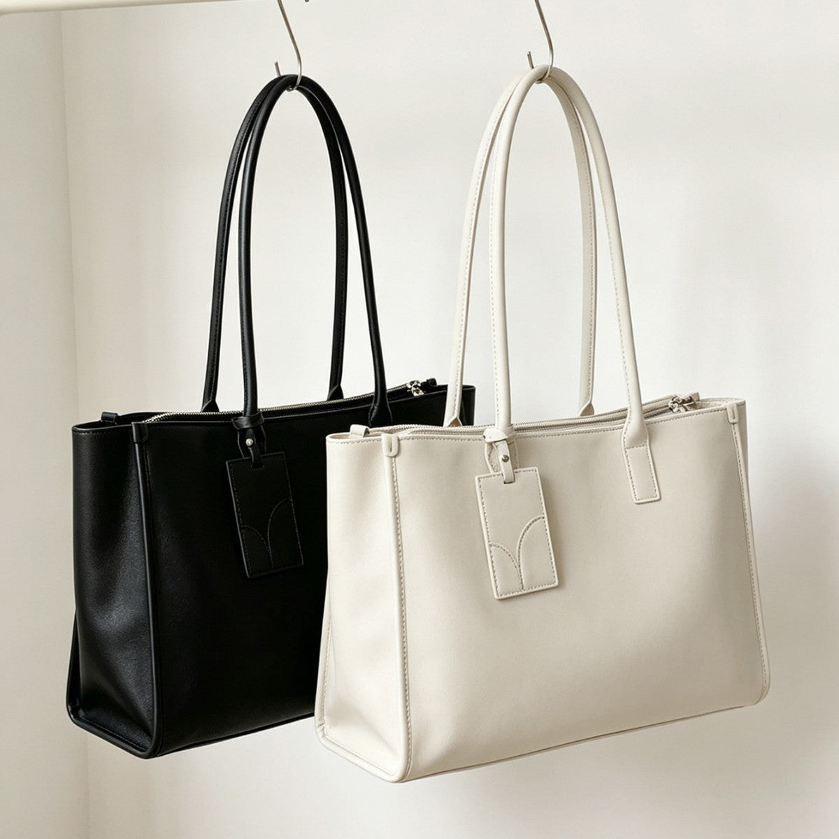 Smooth Vegan Leather Structured Top-Zip Tote with Double Rolled Handles and Luggage Tag — product view 1