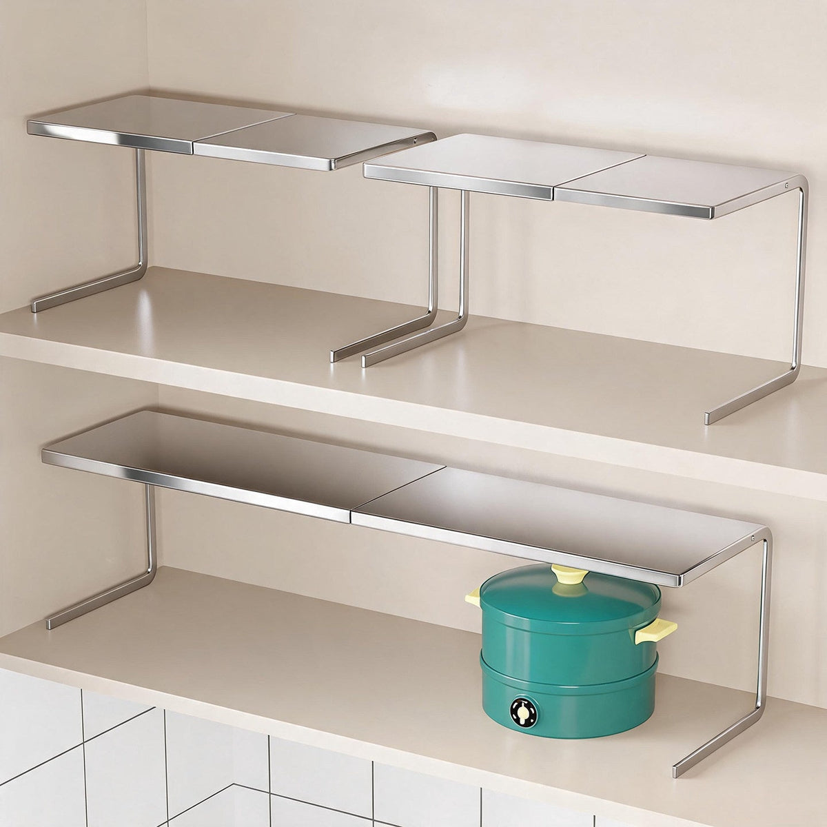 Compact Space-Saving Kitchen Countertop Pot and Pan Organizer Shelf Riser — product view 1