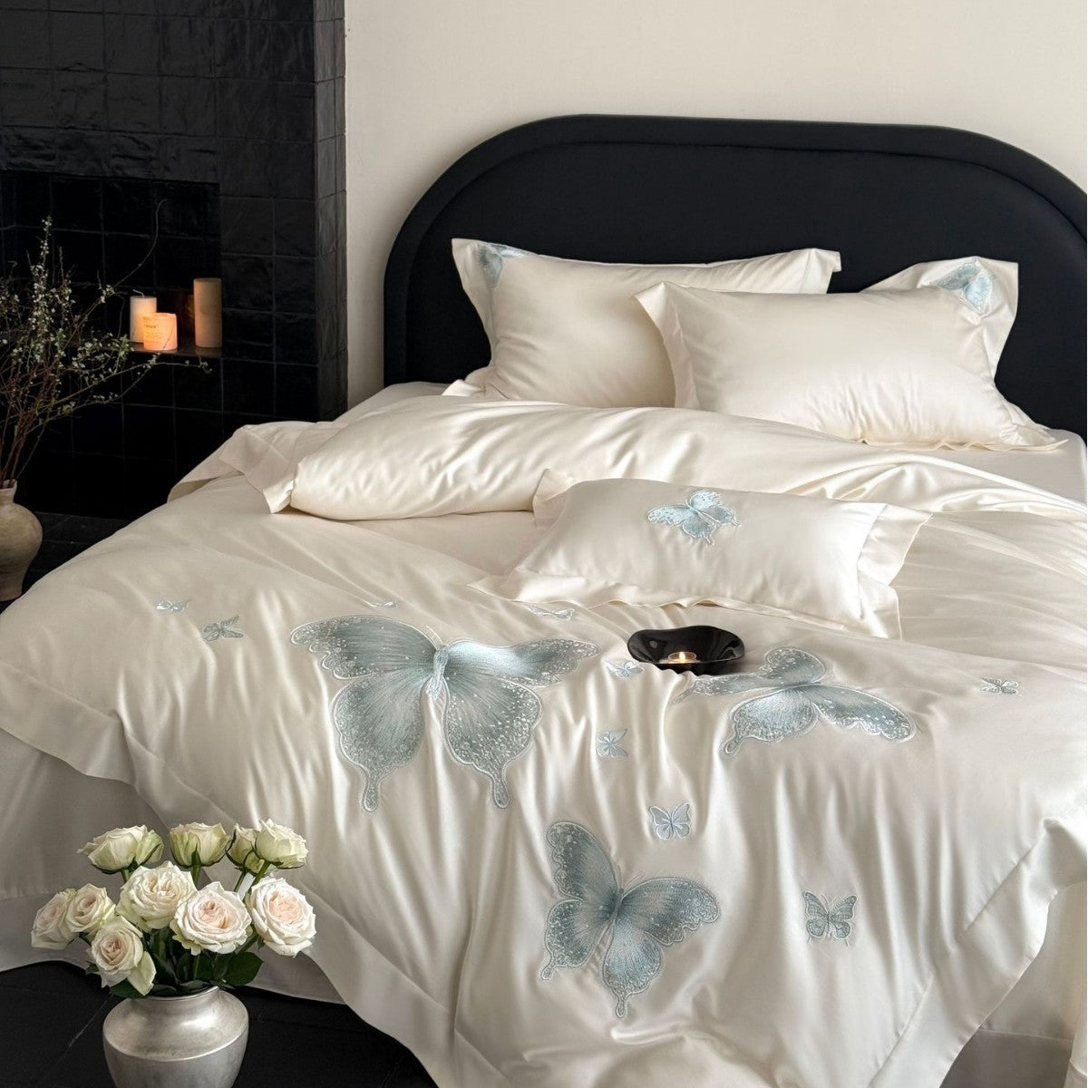 Elegant satin bed linen set with tonal butterfly embroidery — product view 4
