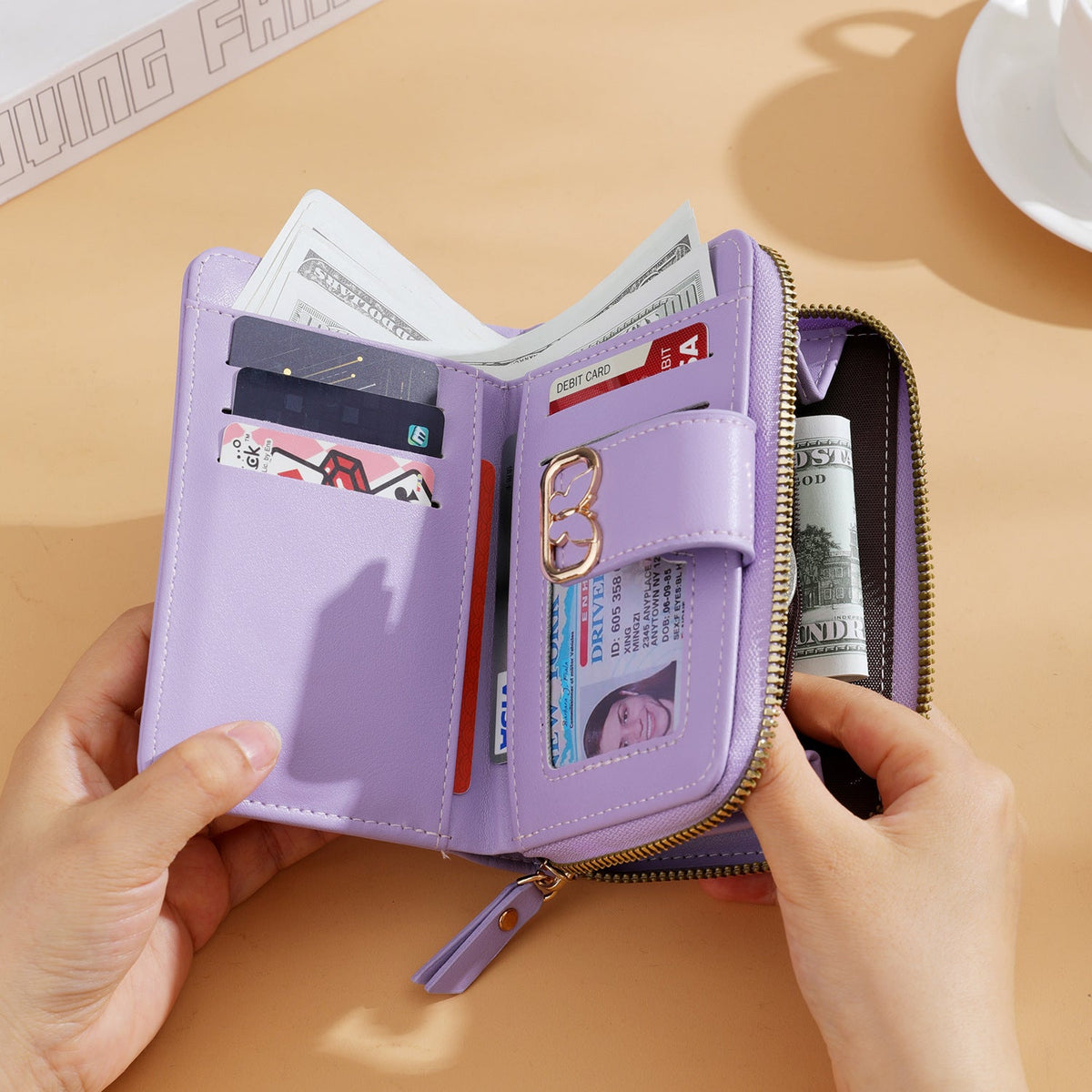 Compact Zip-Around Faux Leather Long Wallet with Butterfly Clasp LoungeYard — product view 5