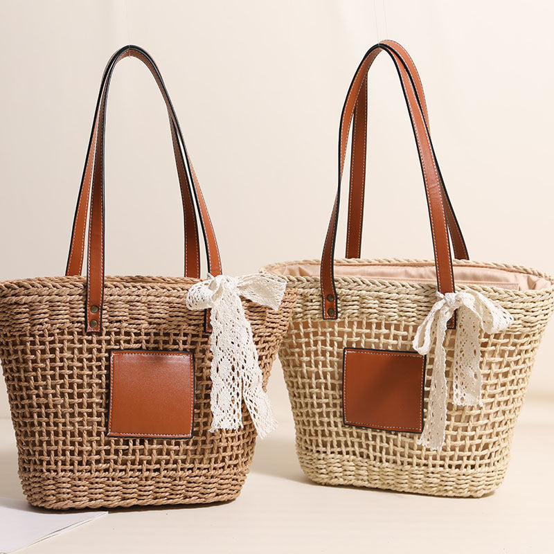 Handmade straw bag with elegant leather accents LoungeYard — product view 2