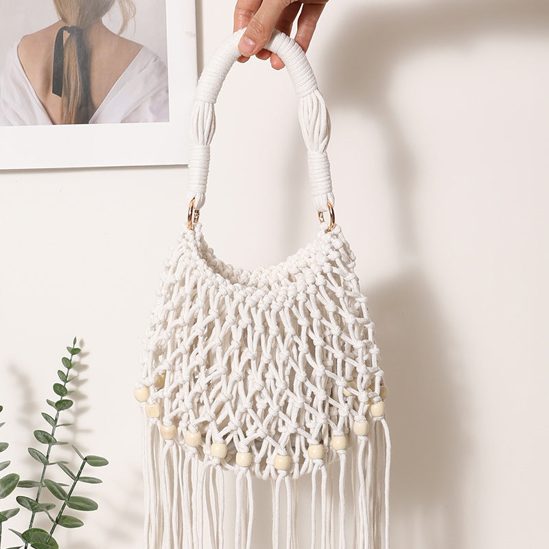 Macrame bag with decorative fringes and wooden beads LoungeYard — product view 4