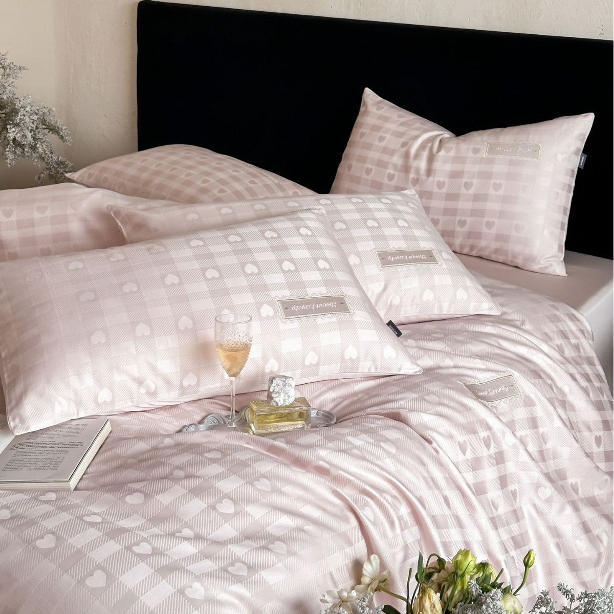 Luxurious cotton satin bed linen set with subtle check pattern and silk matte finish LoungeYard — product view 3