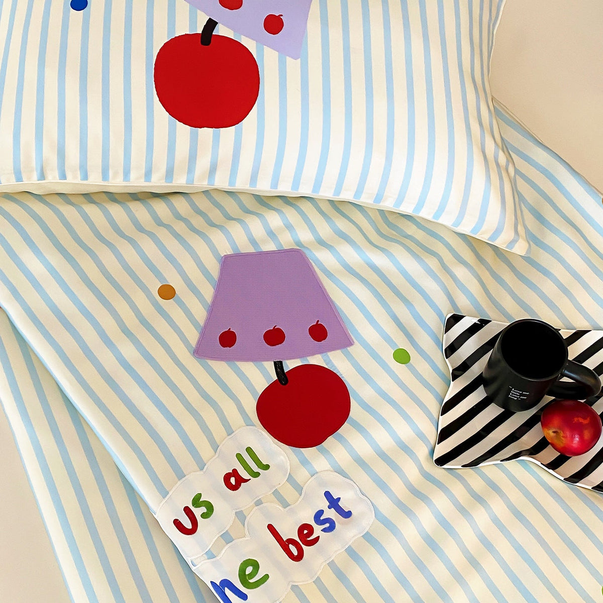 Bedding set with striped cotton satin and cherry print LoungeYard — product view 3