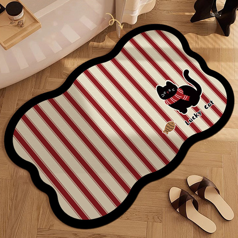 Decorative Scalloped Non-Slip Striped Bath Mat with Lucky Cat Print — product view 7