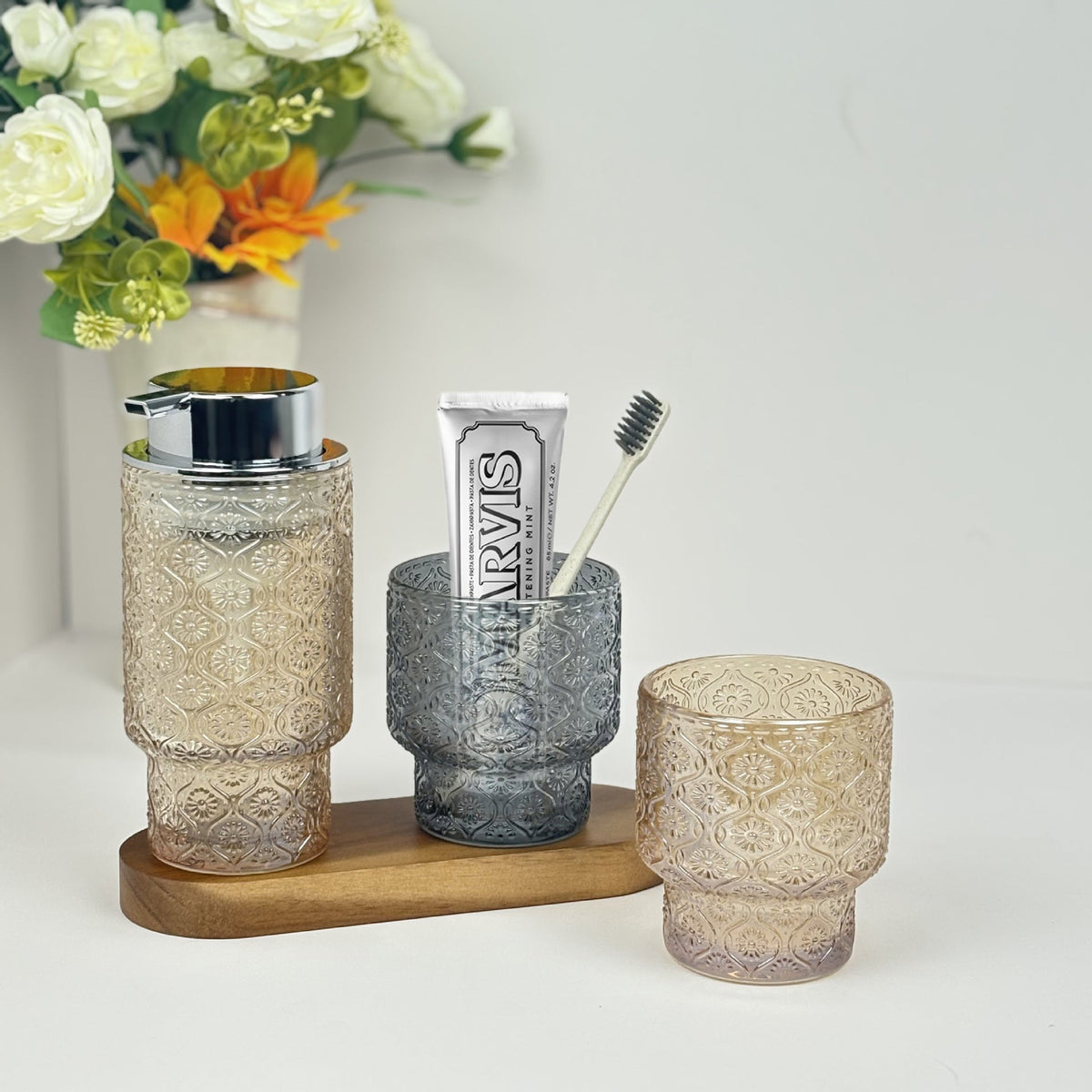 Embossed vintage glass vanity organizer set with pump dispenser and toothbrush cup LoungeYard — product view 2