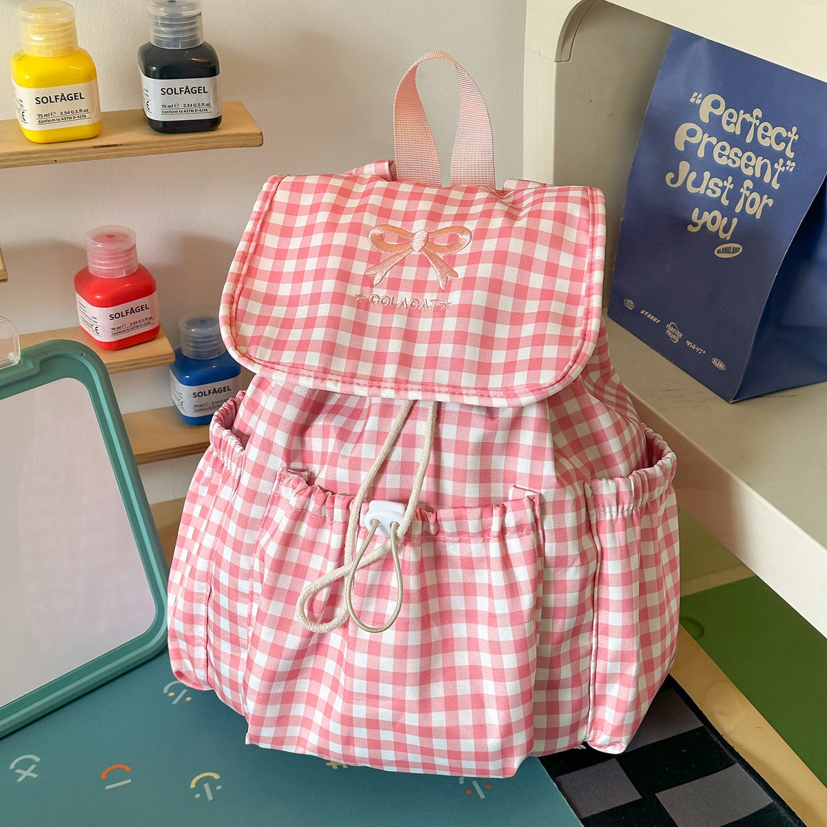 Cute Checked Patterned Drawstring Backpack LoungeYard — product view 6