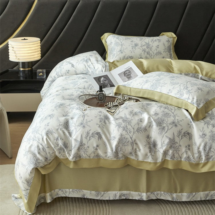 Luxurious satin bedding set with geometric jacquard pattern and satin trim LoungeYard — product view 6