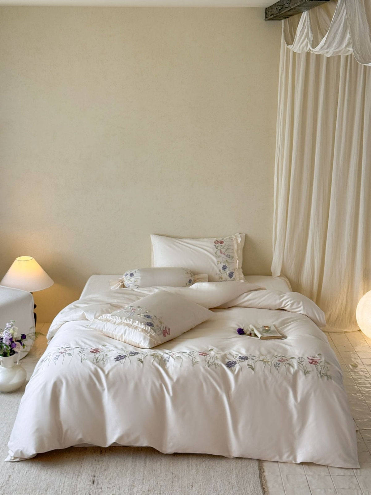 Fine satin bed linen set with delicate botanical embroidery and ruffled edge LoungeYard — product view 6
