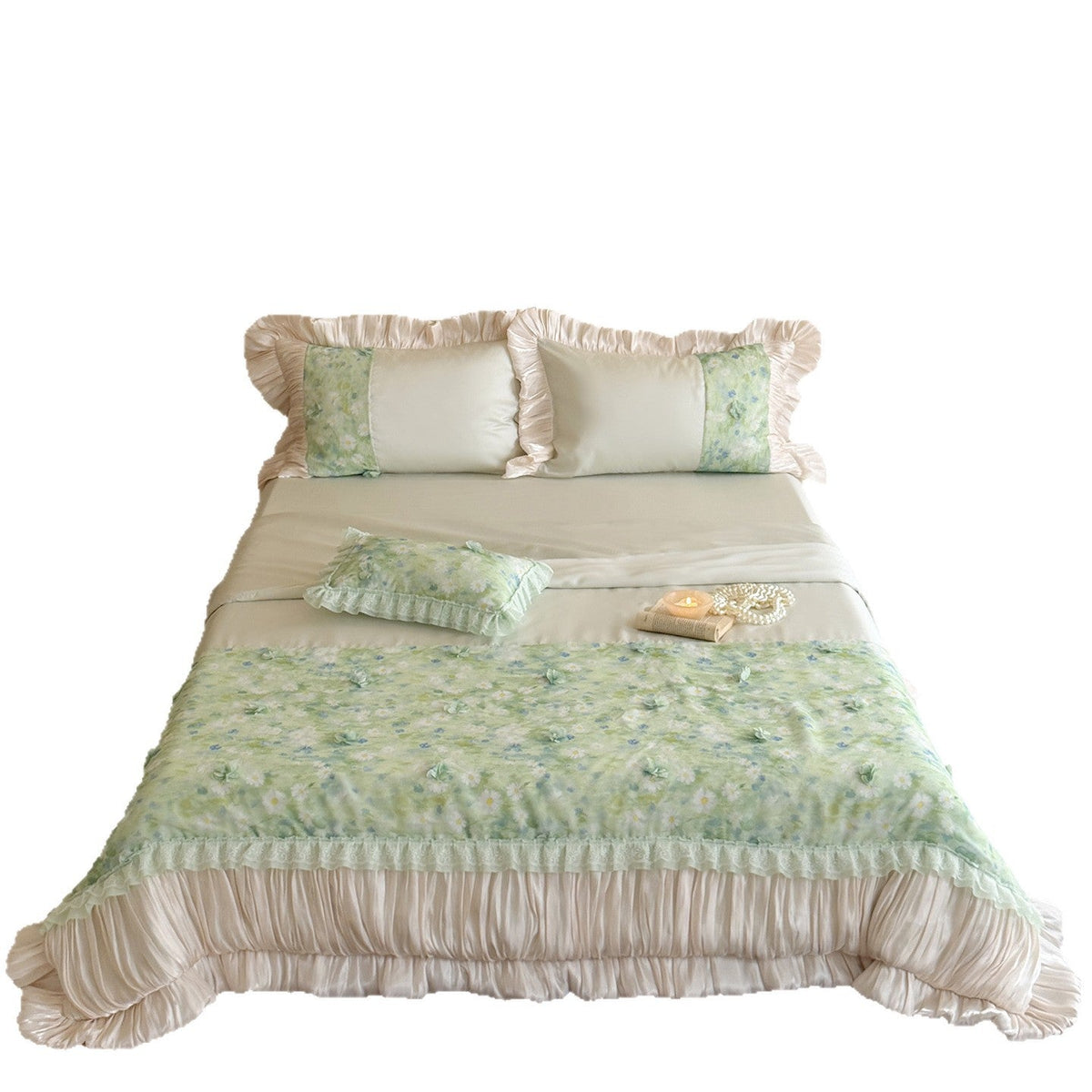 Bedding set with transparent chiffon overlay, 3D flower appliqués & ruffled edge — product view 5