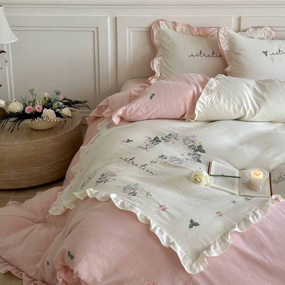 Bedding set with ruffles, embroidered middle cover and delicate flower application — product view 2