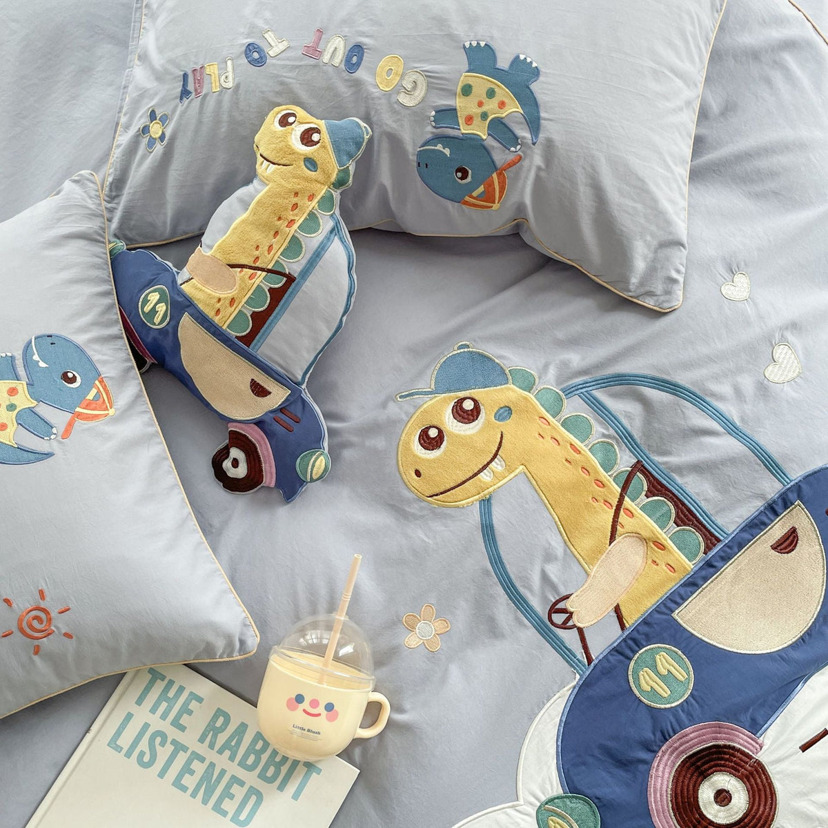 Children's bedding set with embroidered dinosaur and car appliqués LoungeYard — product view 3