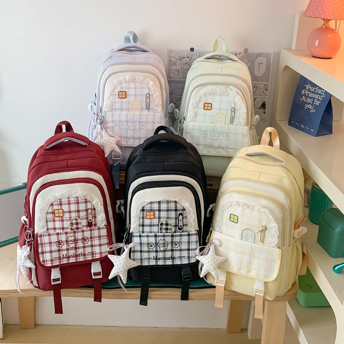 Cute Decorative Checkered School Backpack LoungeYard — product view 4