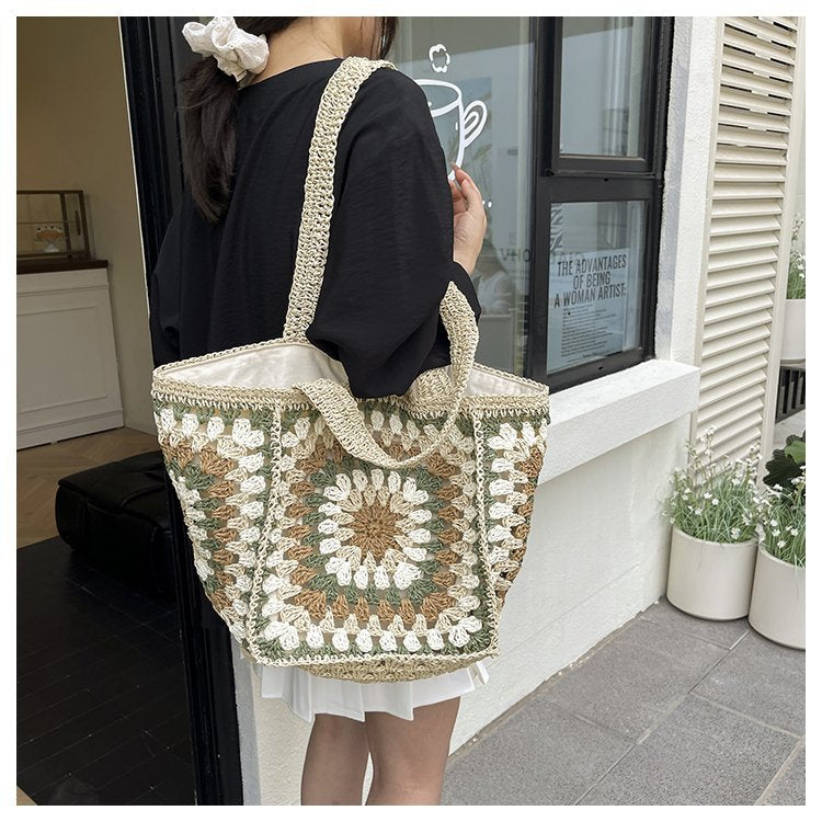 Beach bag made of hand-woven natural material with a square pattern LoungeYard — product view 1