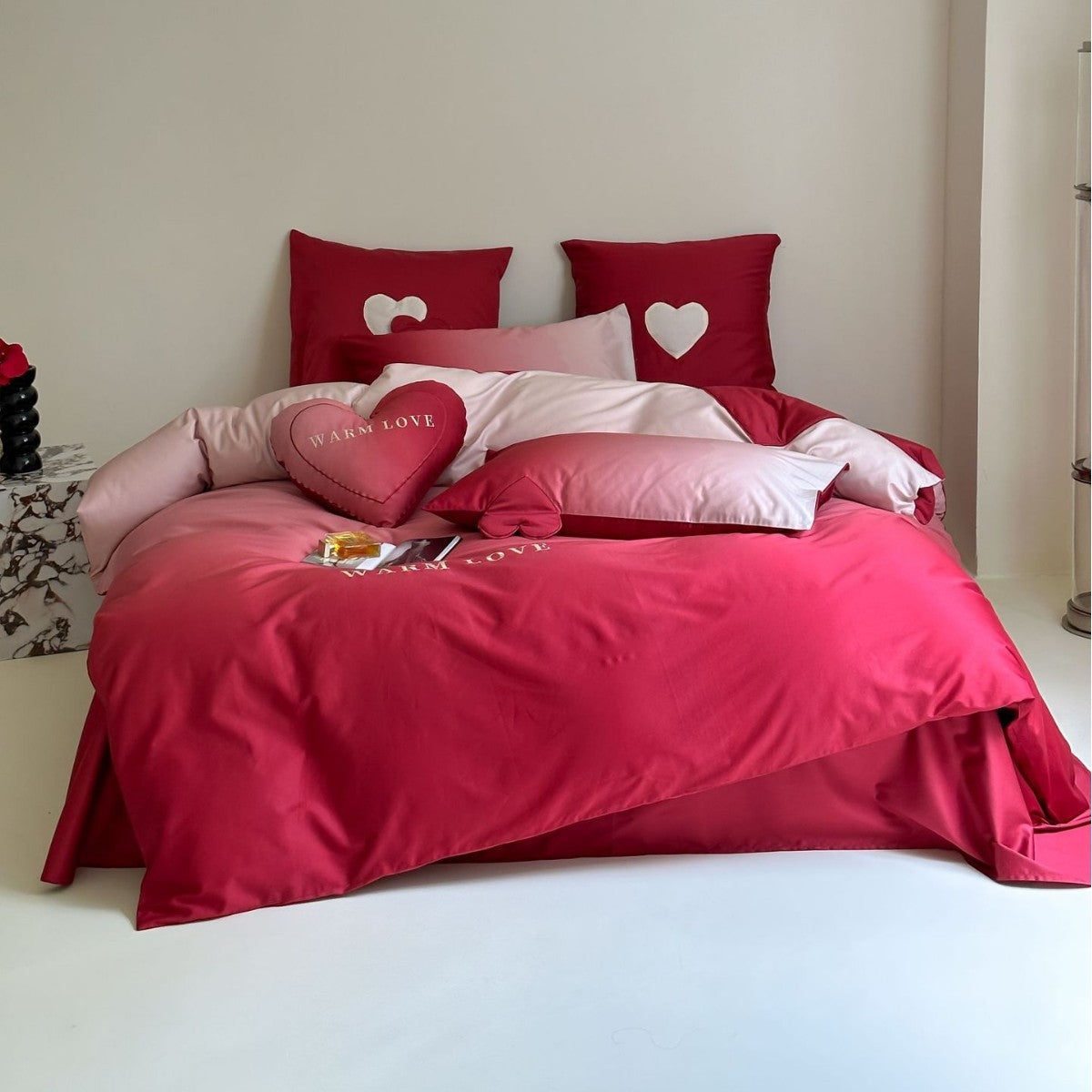 Reversible cotton satin bedding set with heart appliqué and embroidery motif LoungeYard — product view 5