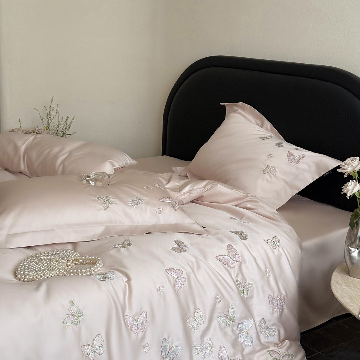 Satin bedding set with fine butterfly embroidery LoungeYard — product view 3