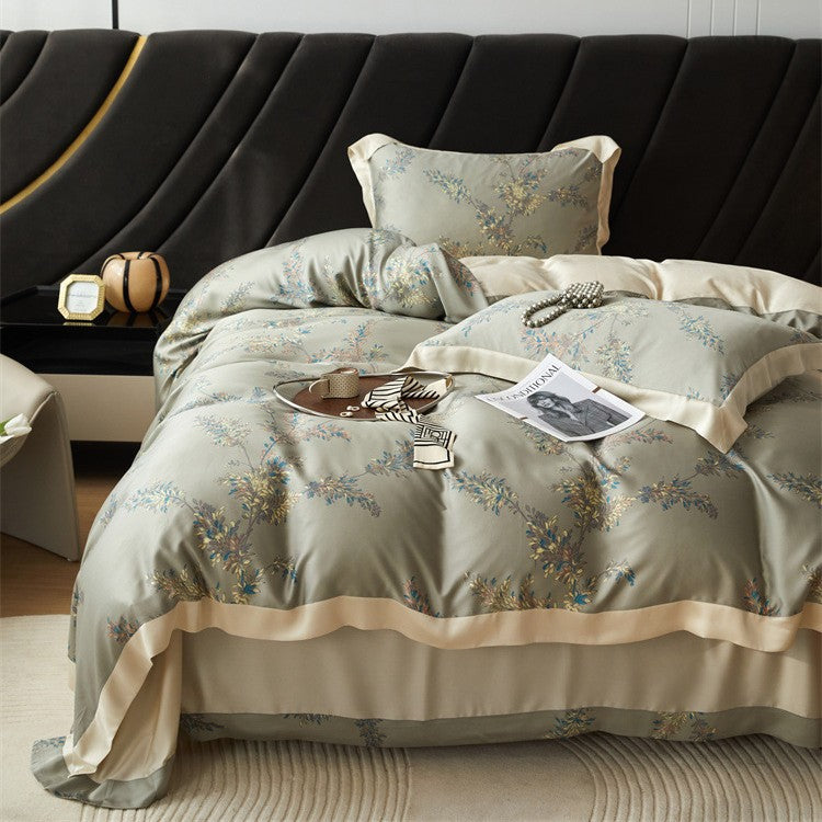 Luxurious satin bedding set with geometric jacquard pattern and satin trim LoungeYard — product view 2