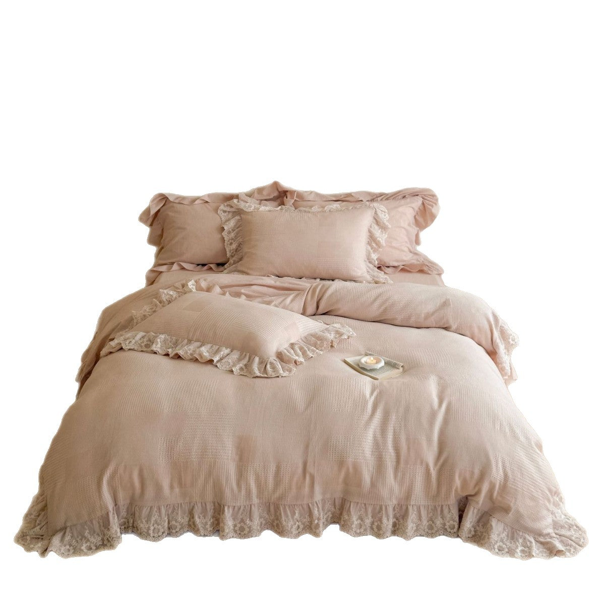 Cotton waffle bedding with floral lace ruffle and wavy hem — product view 2