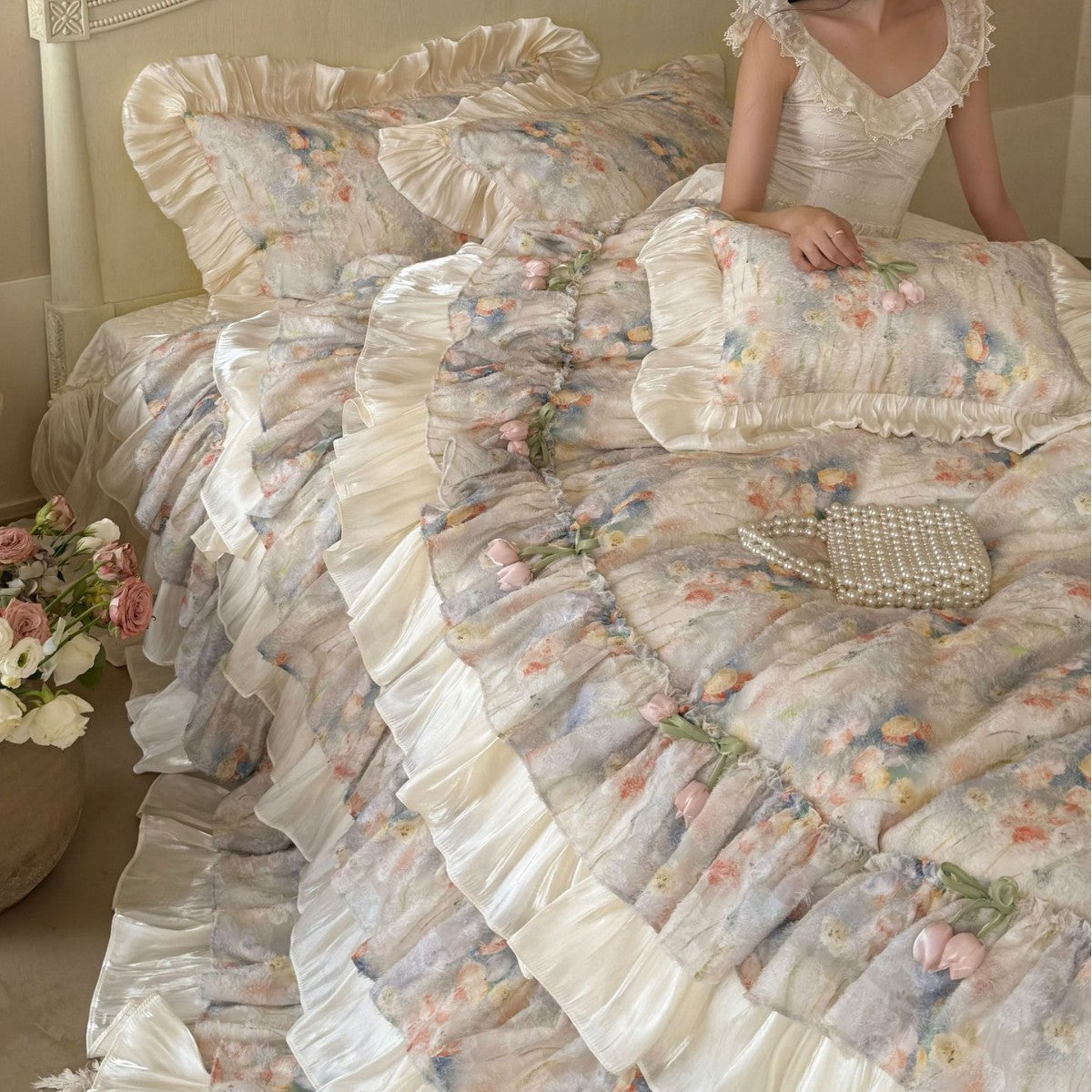 Romantic bedding set with layered ruffle, frills, and delicate watercolor flower print — product view 1