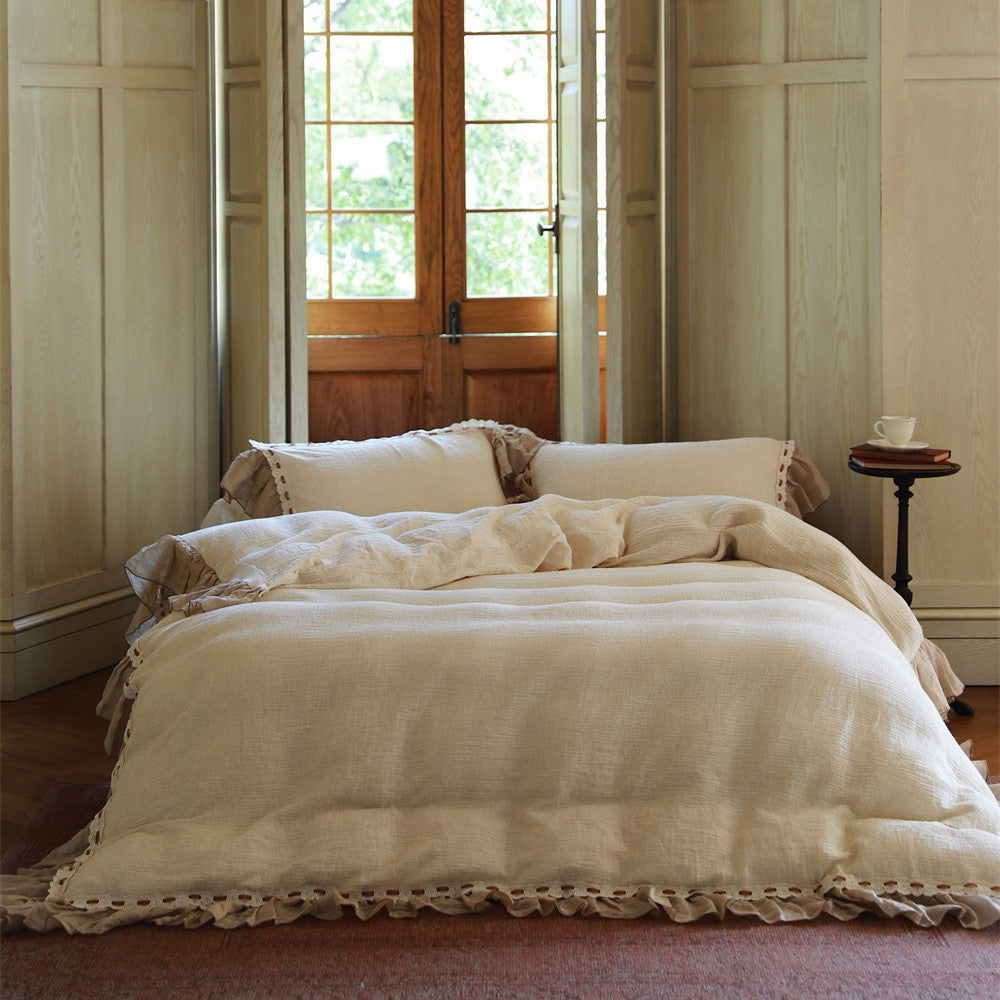 Washed linen duvet cover set with gathered edge and eyelet trim — product view 6
