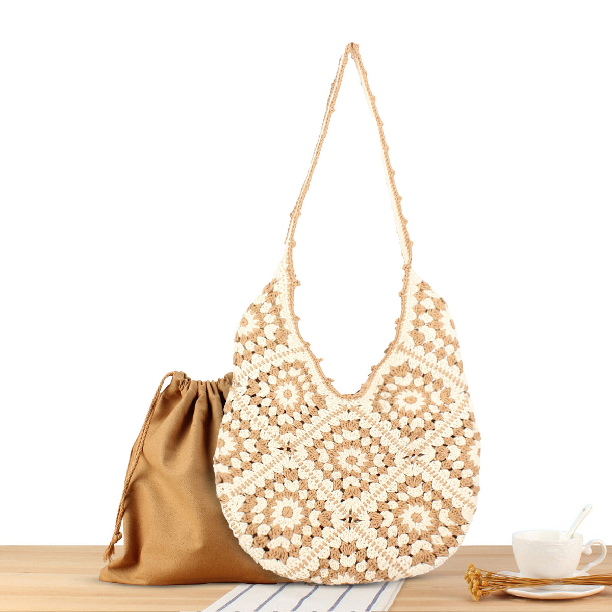 Handmade Macrame Shoulder Bag with Floral Patterns LoungeYard — product view 7