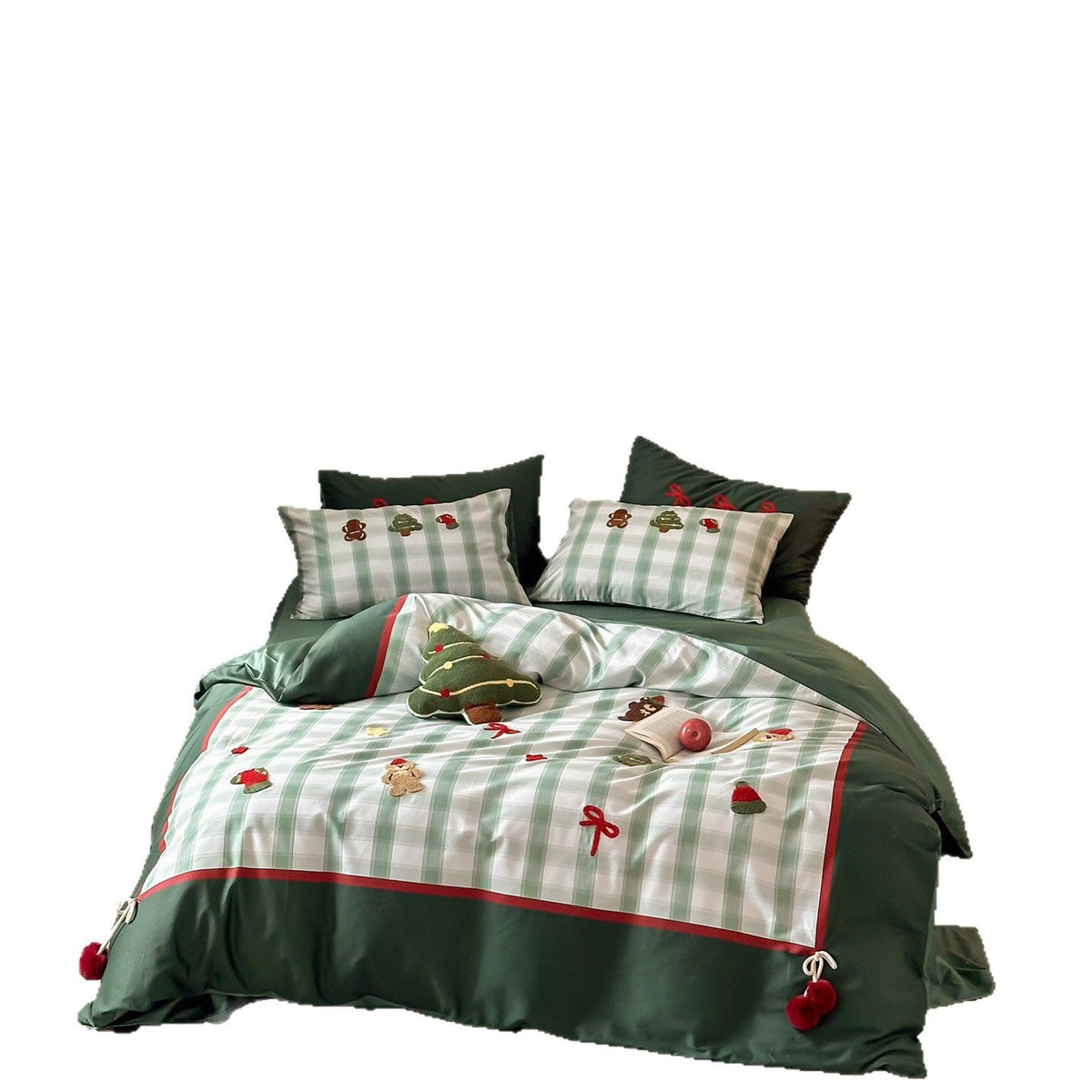Christmas cotton satin bedding set with checked patchwork, embroidered applications and pompom details LoungeYard — product view 4