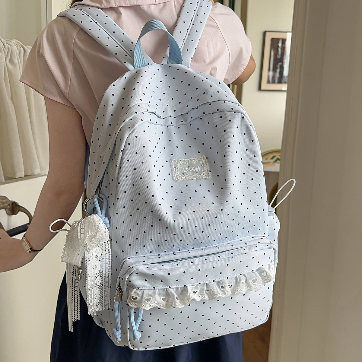 Charming Polka Dot Patterned Backpack LoungeYard — product view 3