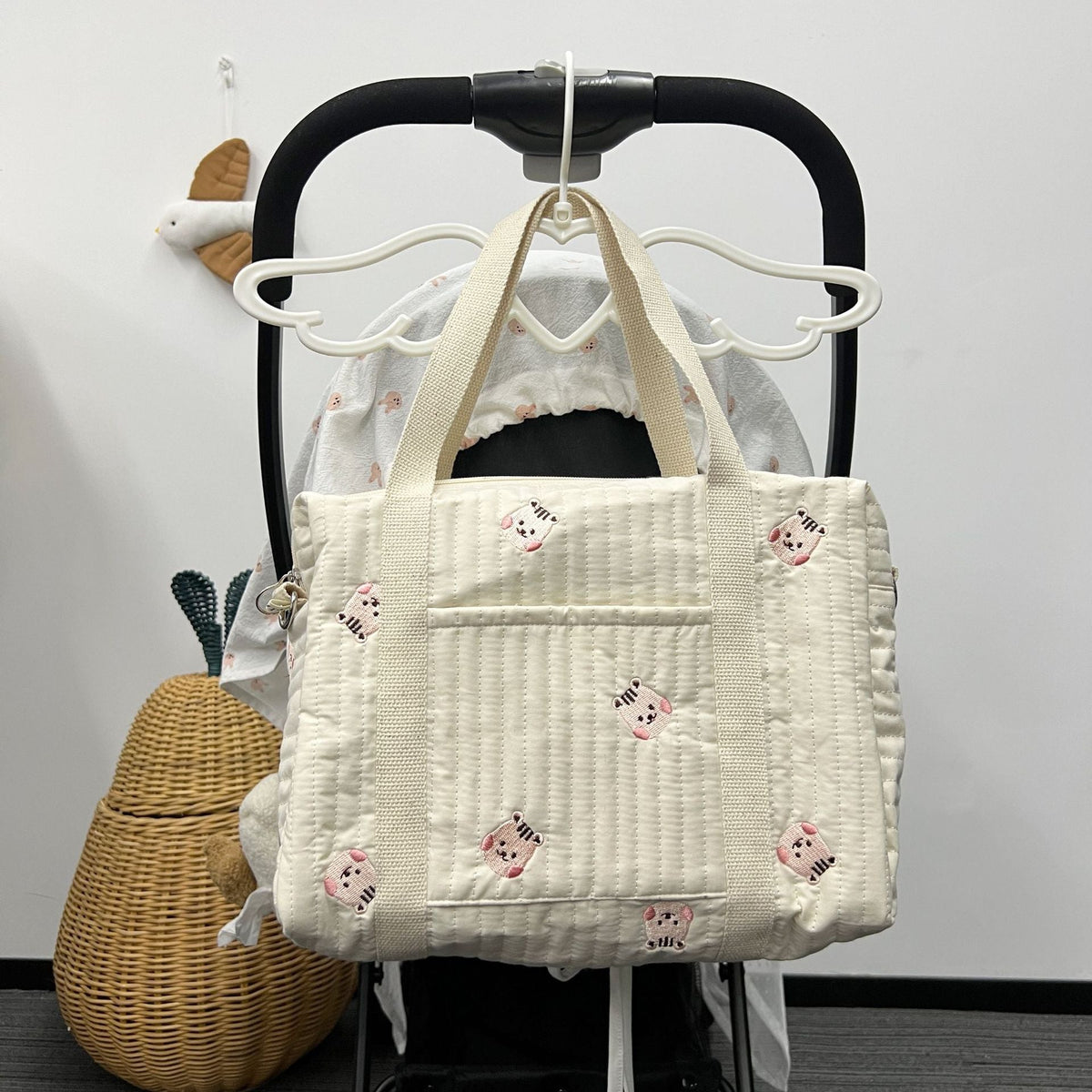 Quilted Baby Diaper Backpack Bag with Embroidered Plush Bear Accents — product view 6