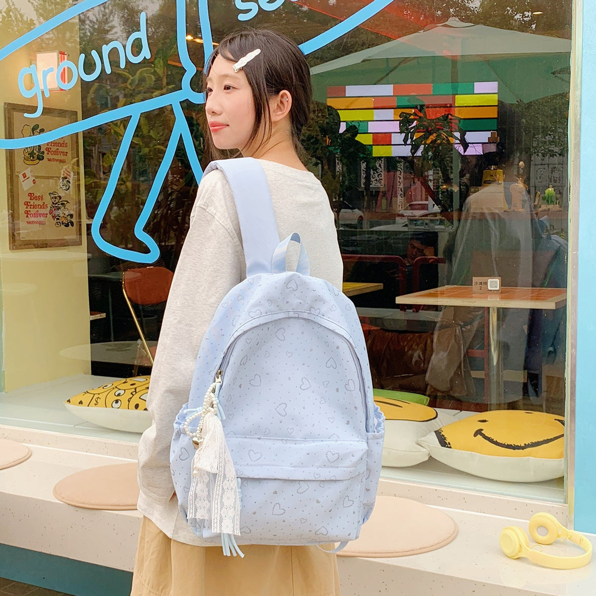 Heart-Patterned School Backpack LoungeYard — product view 2