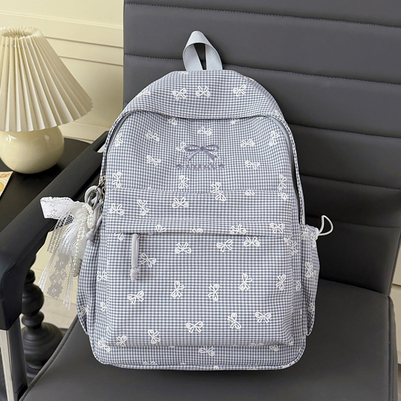 Charming Bow-Embellished Gingham Patterned Backpack LoungeYard — product view 6