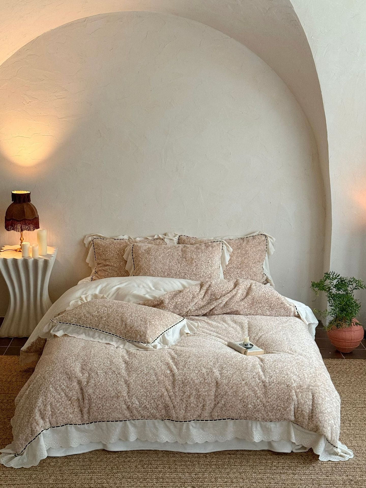 Romantic bedding set with ruffles, lace and subtle flower pattern LoungeYard — product view 6