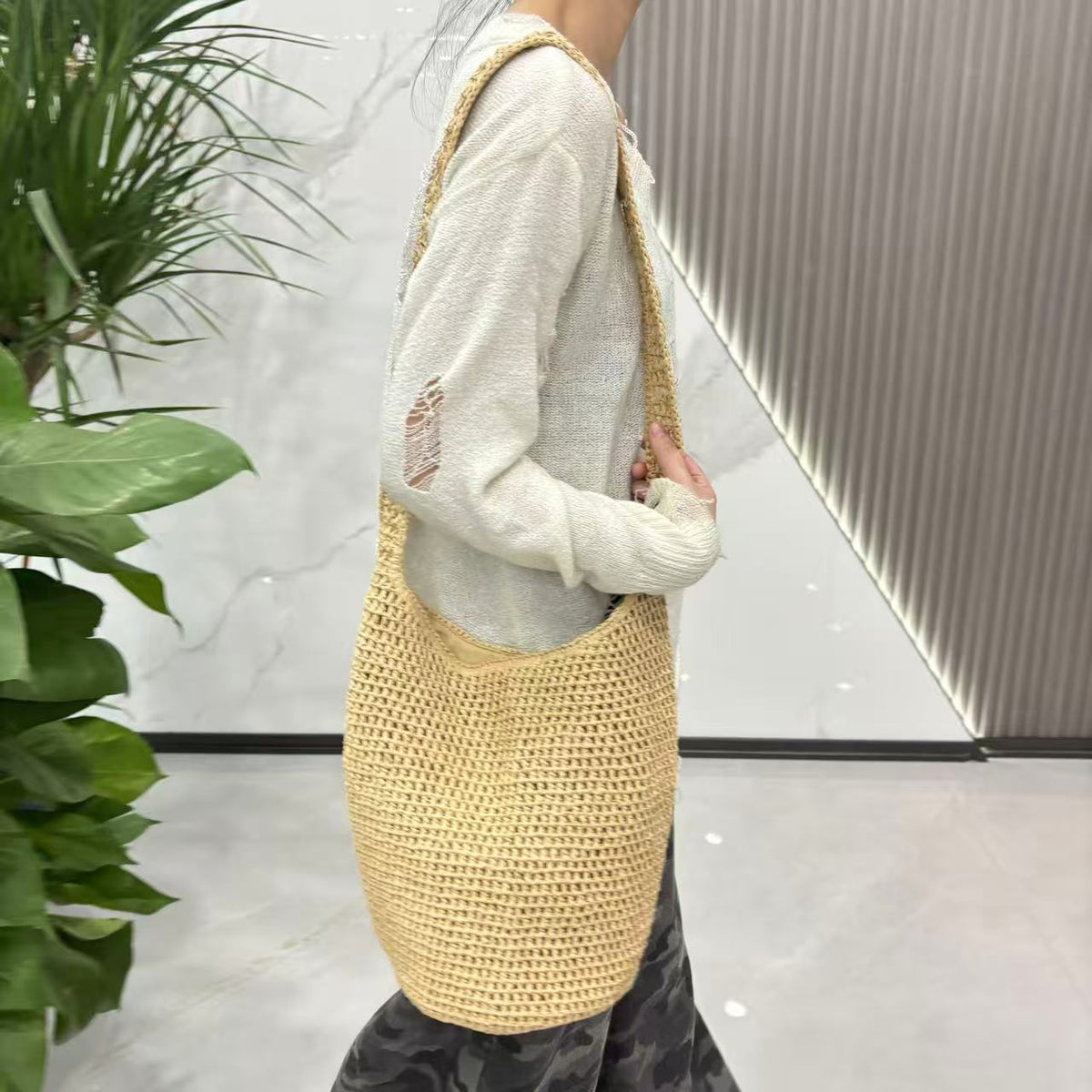 Braided Natural Material Tote Bag LoungeYard — product view 2