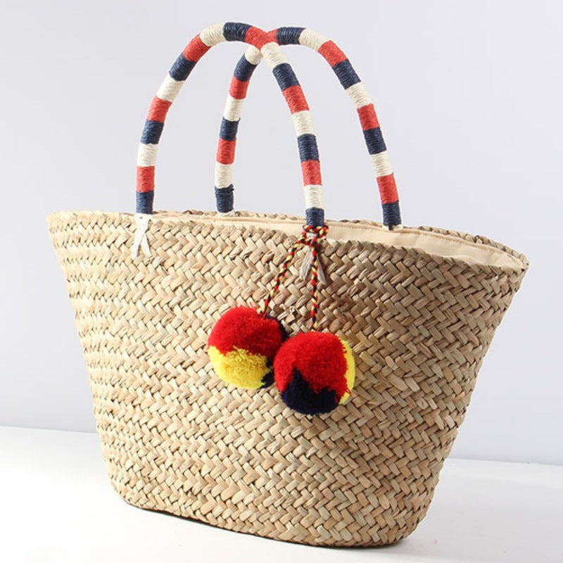 Braided beach bag with decorative pompons LoungeYard — product view 4