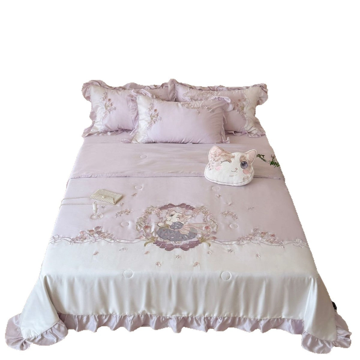 Romantic satin bedding complete set with embroidered bedspread and frill — product view 5