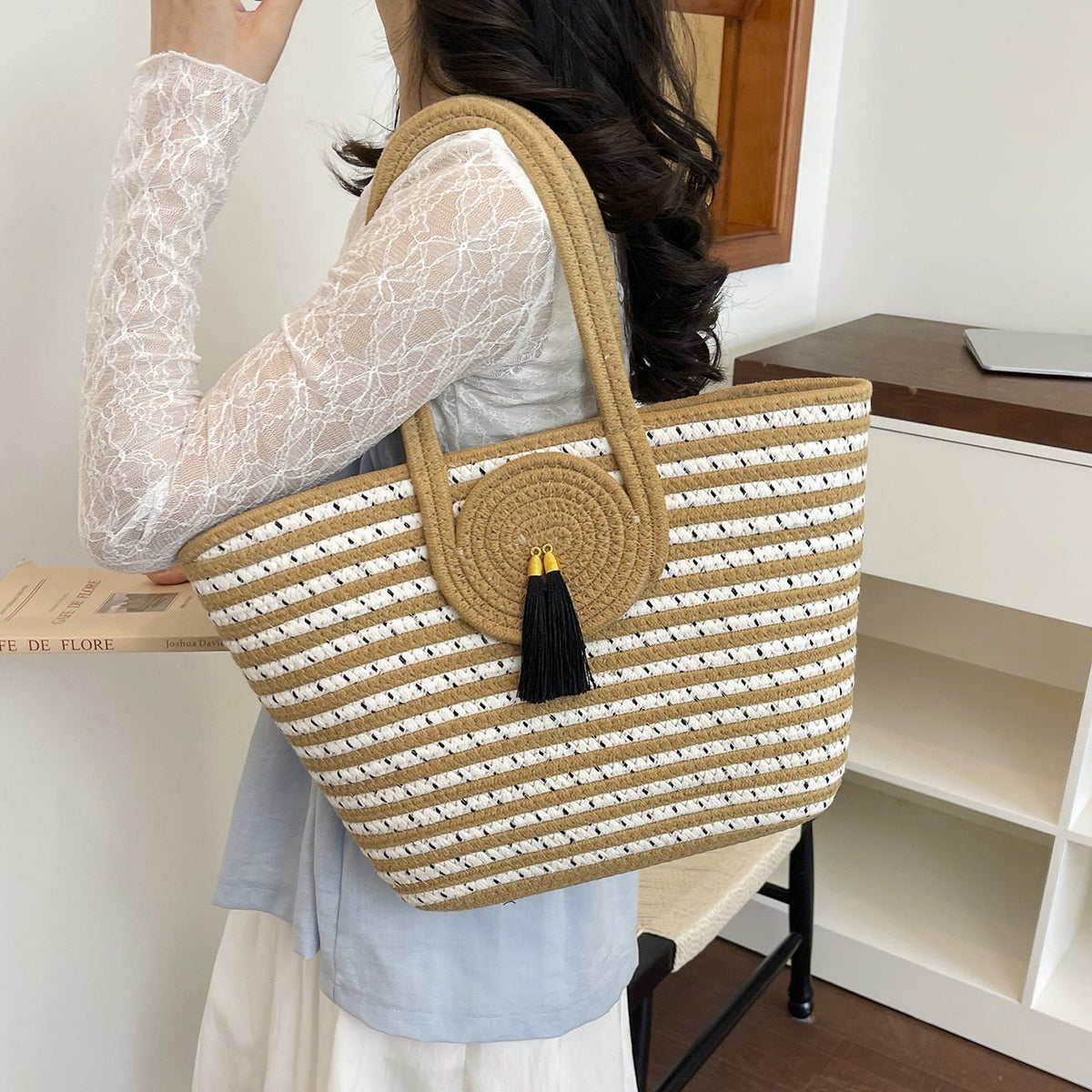 Striped Woven Beach Tote — product view 6