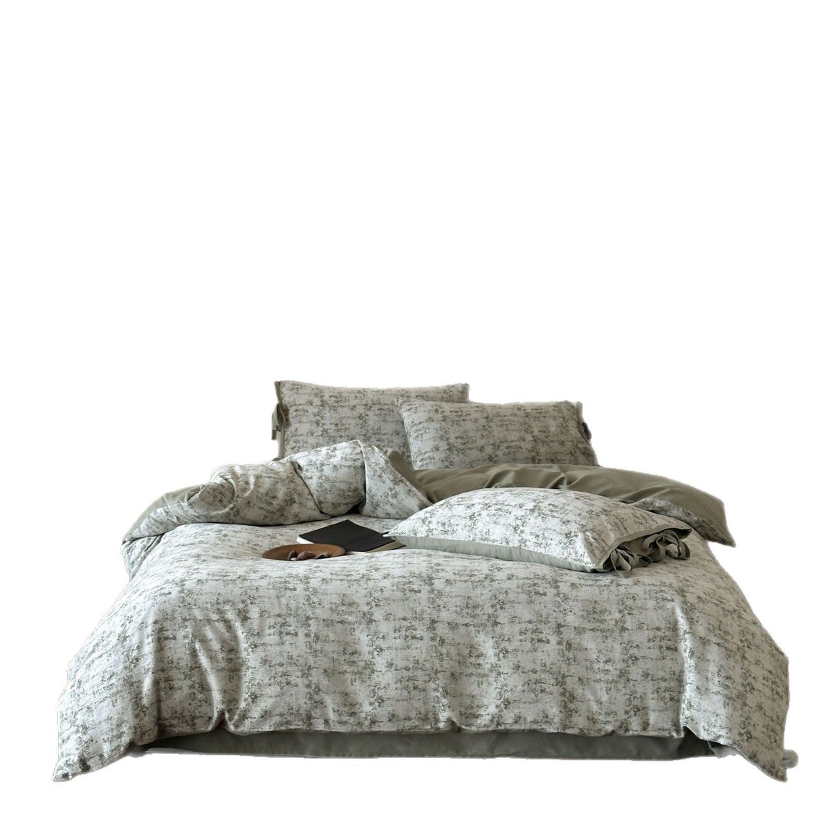 Designer bedding set made of cotton blend fabric with textured watercolor print and ties — product view 1