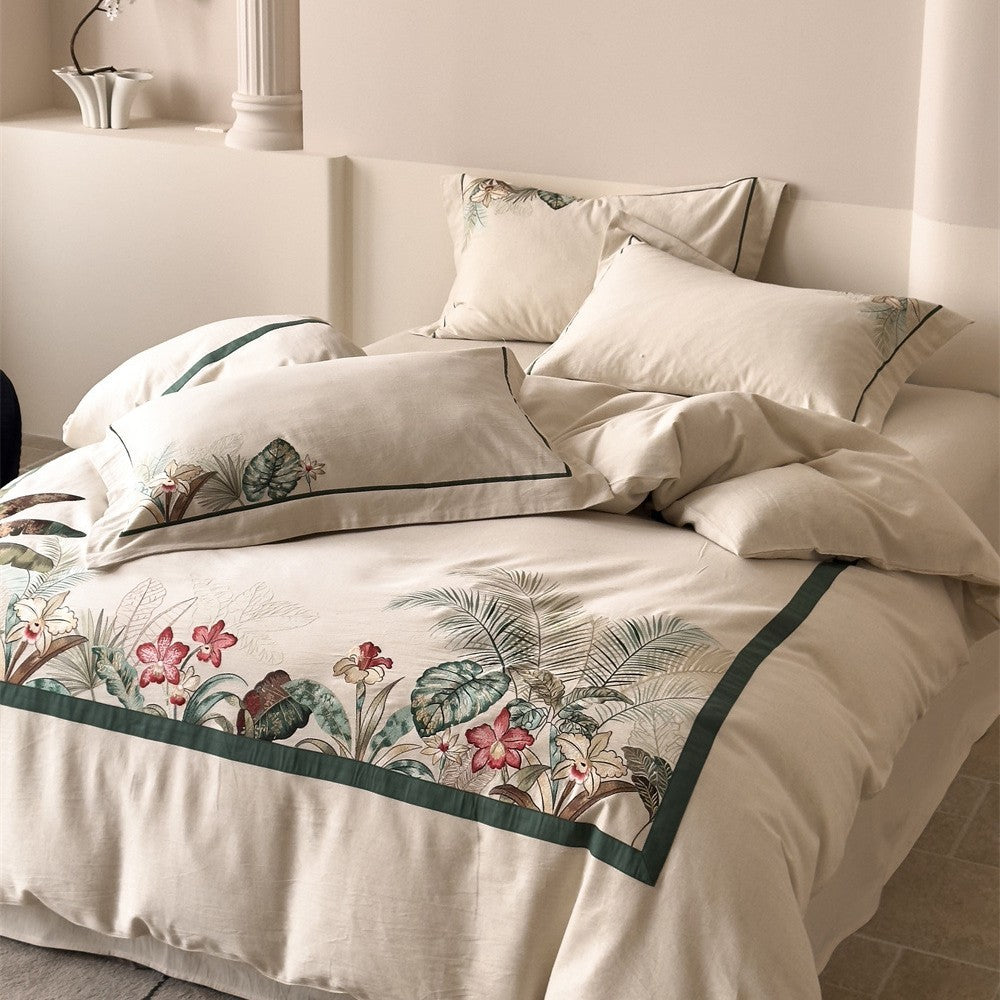 Bedding set with exotic landscape print and cotton-linen blend — product view 3