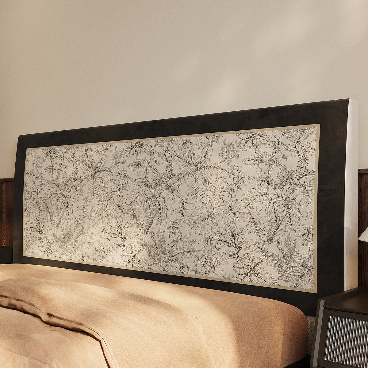 Removable Quilted Upholstered Headboard Slipcover with Framed Toile Floral Panel — product view 3
