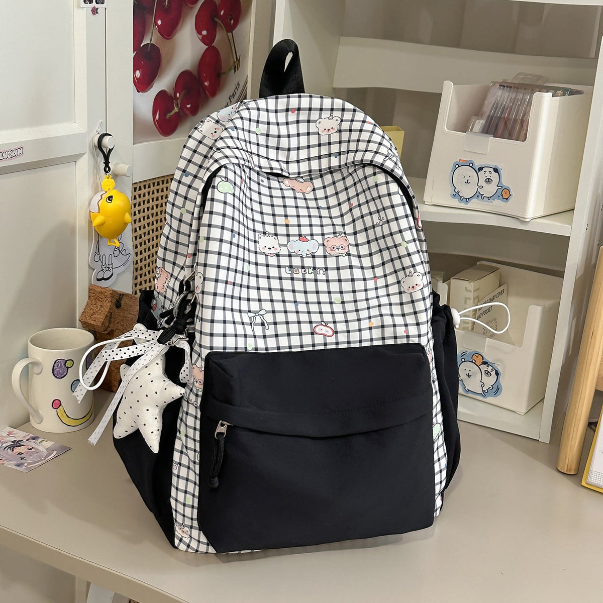 Cute Character Print Pink Backpack LoungeYard — product view 6