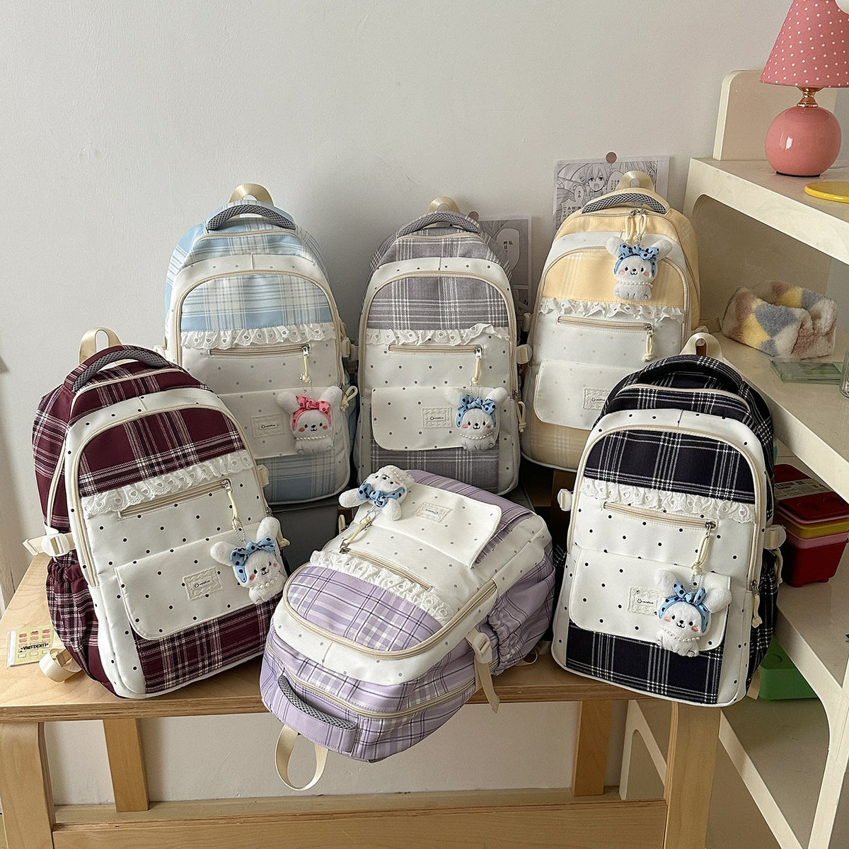 Plaid Patterned School Backpack with Cute Bunny Keychain LoungeYard — product view 4