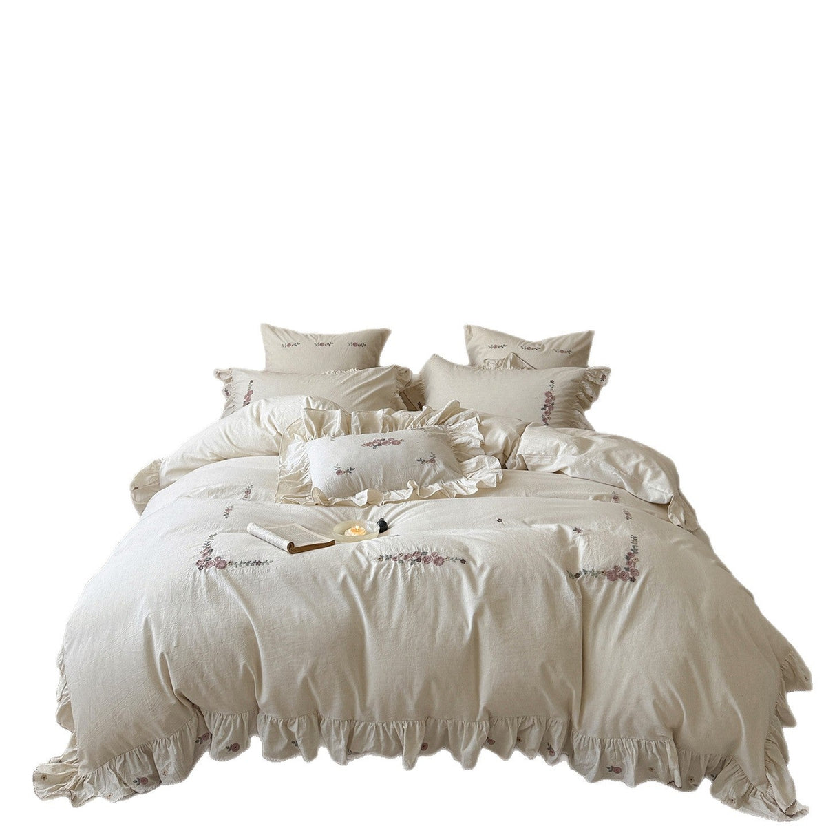 Bedding set in natural linen style with delicate rose garland embroidery and ruffled trim — product view 4