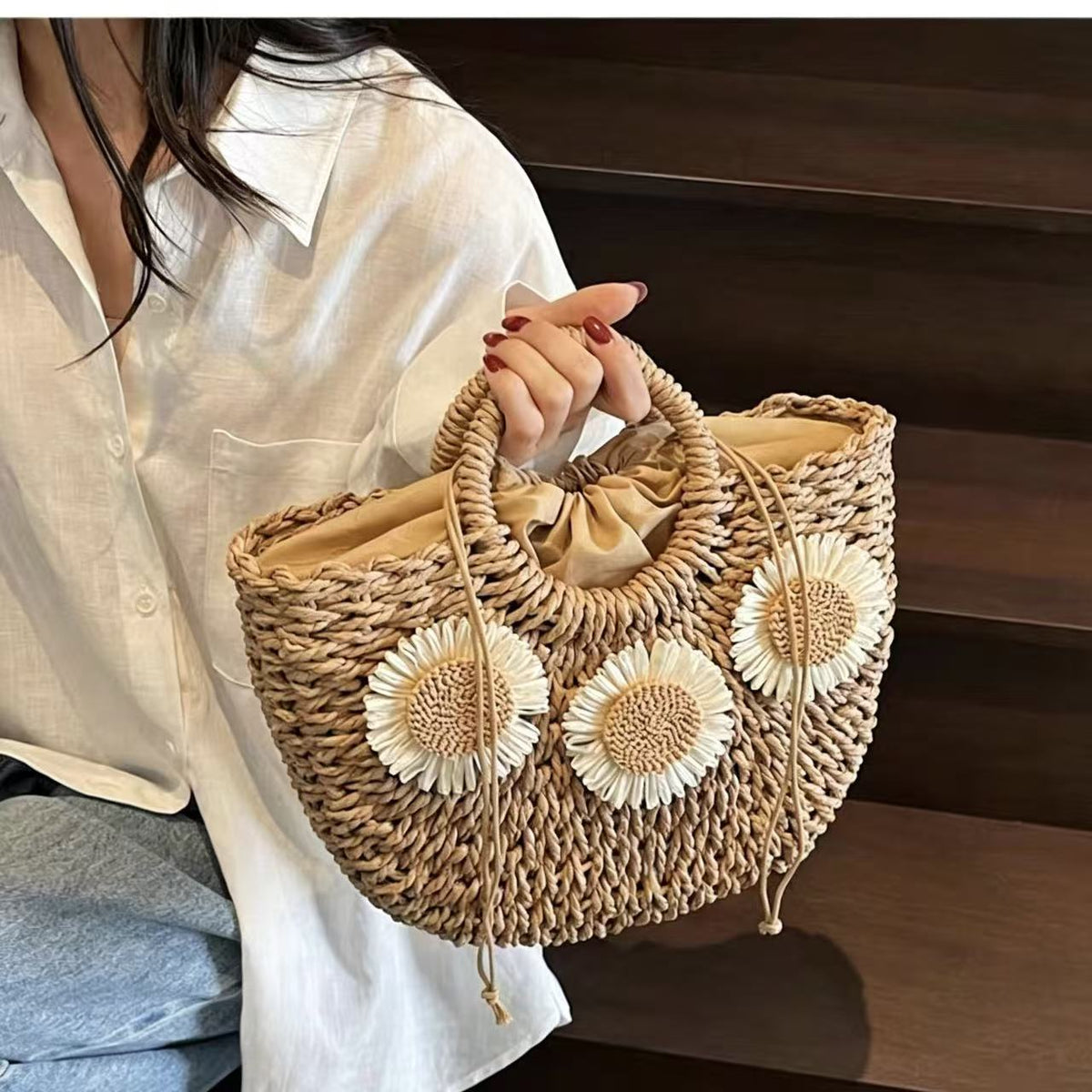 Padded basket bag with floral embellishments LoungeYard — product view 1