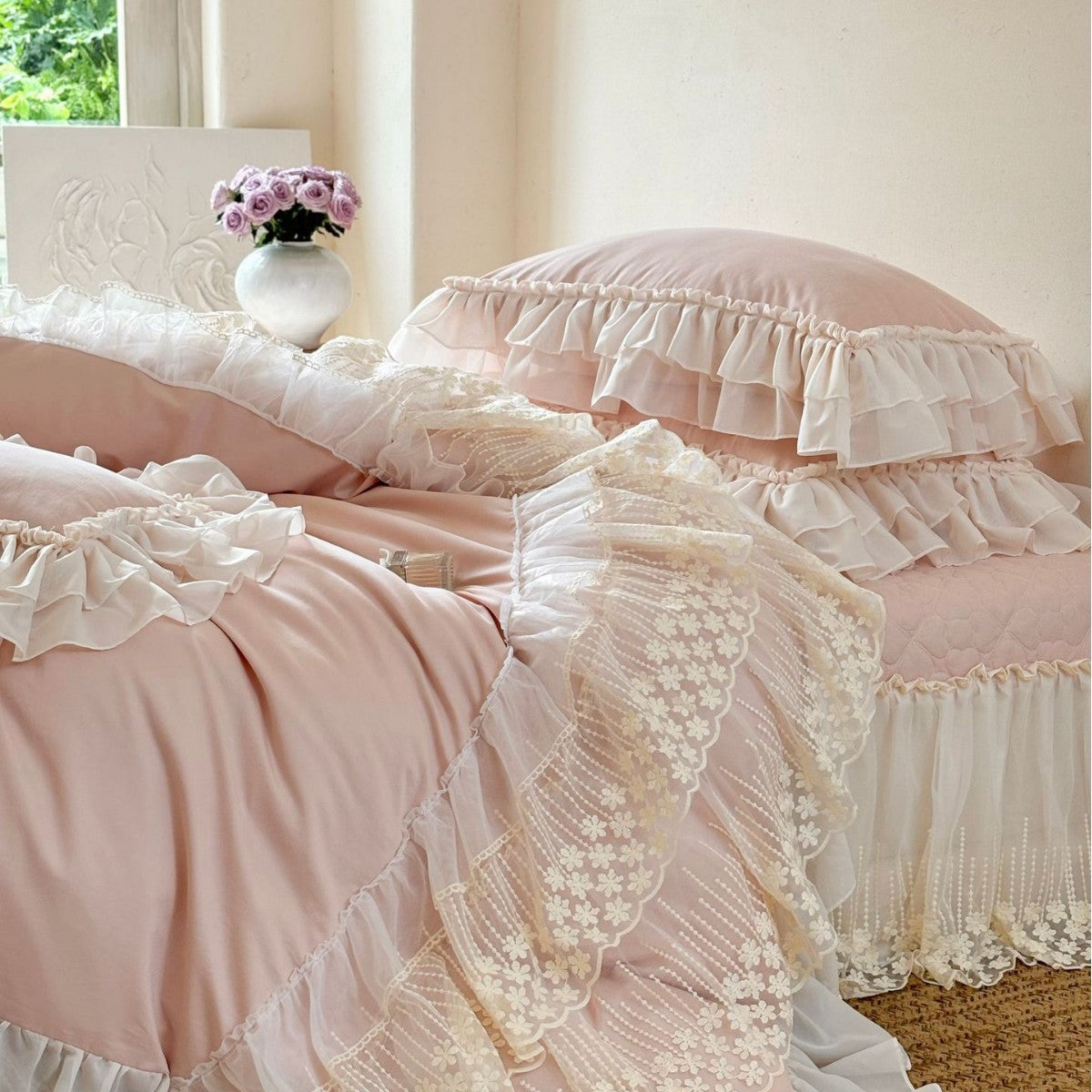 Romantic bedding set with layered lace ruffle and frill edge — product view 4