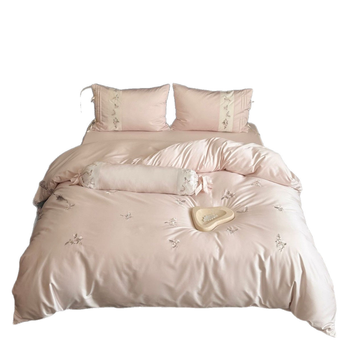 Luxurious satin bedding set with embroidered floral appliqués and bolster LoungeYard — product view 5
