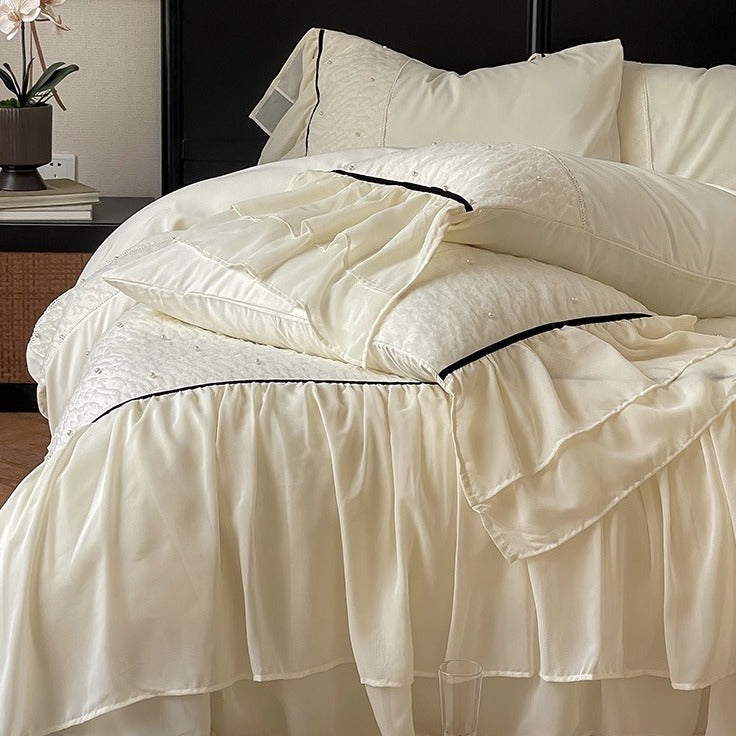 Luxurious bedding set with chiffon ruffles, comforter and contrast piping — product view 2