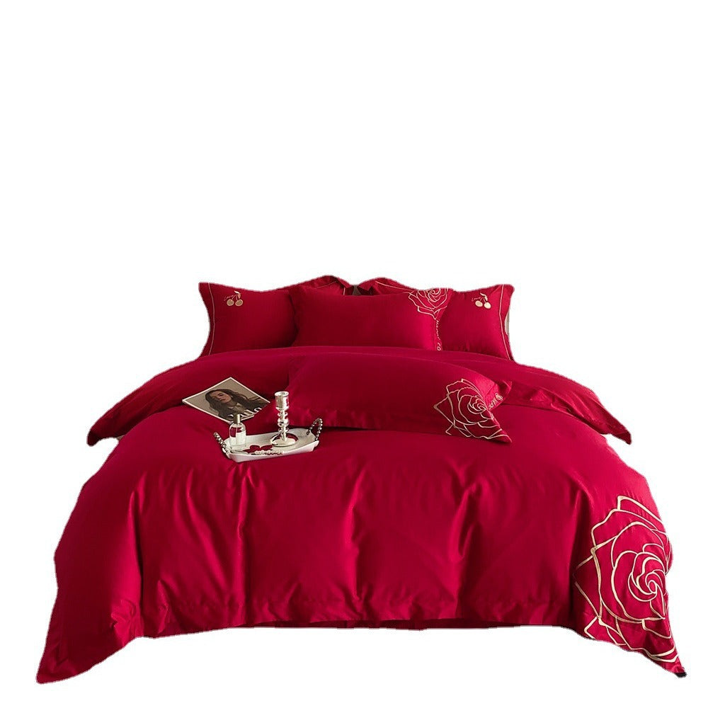 Luxurious cotton satin bedding set with rose embroidery — product view 5